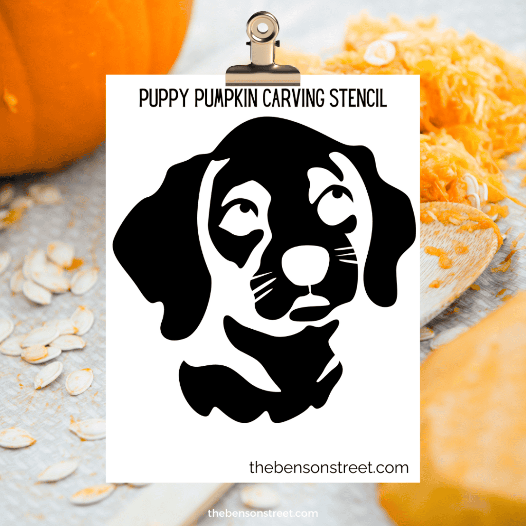 A detailed printable stencil that captures the realistic features of a puppy, including shaded areas and defined fur, perfect for a more advanced pumpkin carving.