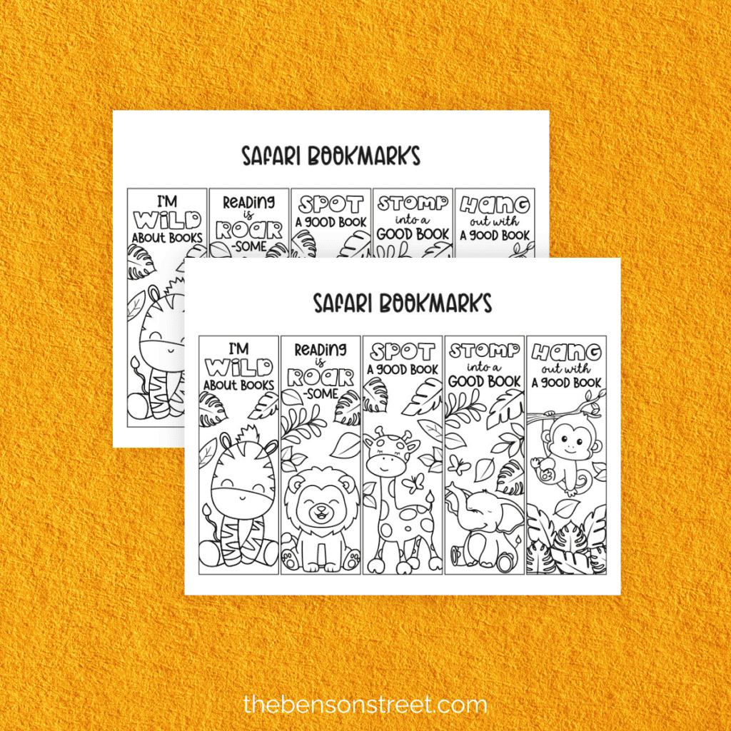 Two pages of safari bookmarks with black outlines for coloring in the free printable set.