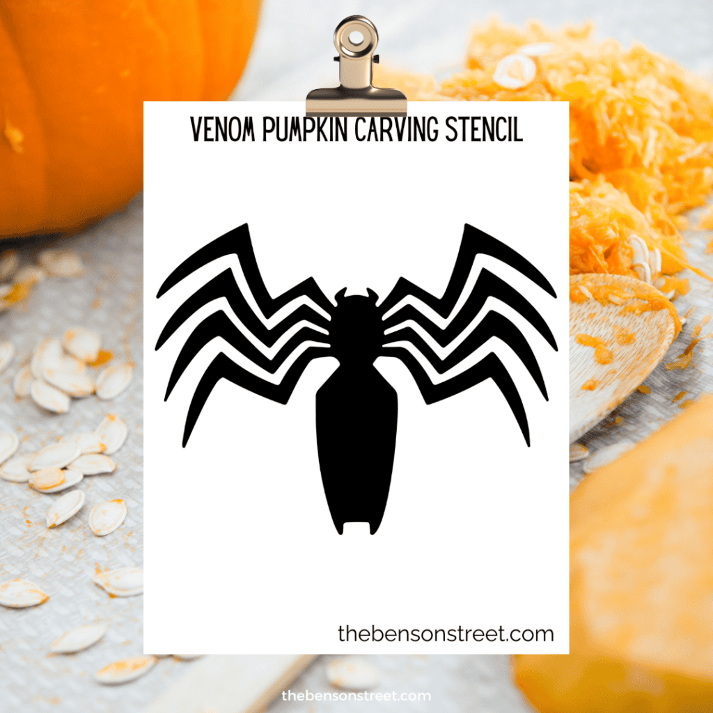 A detailed Venom pumpkin stencil template, highlighting the spider symbol, perfect for Halloween.