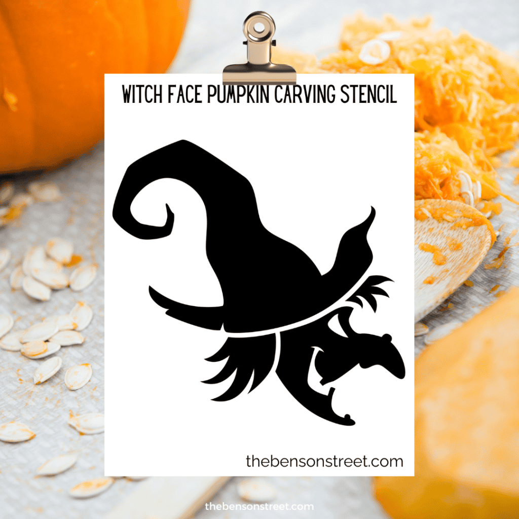 Free printable witch face stencil featuring bold lines and a classic Halloween witch design, ideal for pumpkin carving.