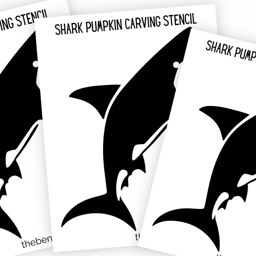A printable shark stencil with a menacing look, featuring detailed outlines for the fins, perfect for pumpkin carving enthusiasts.