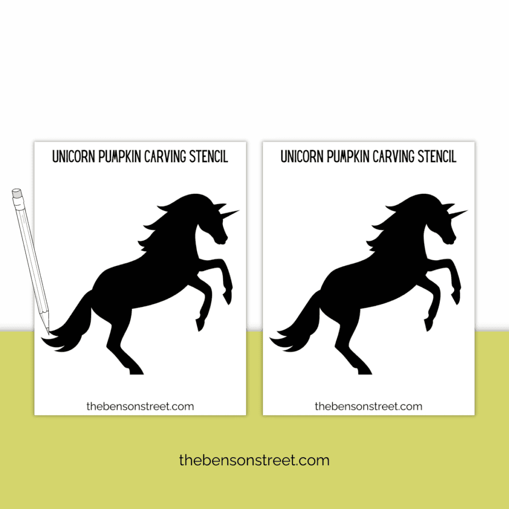 Detailed unicorn stencil for pumpkin carving, ready for download.