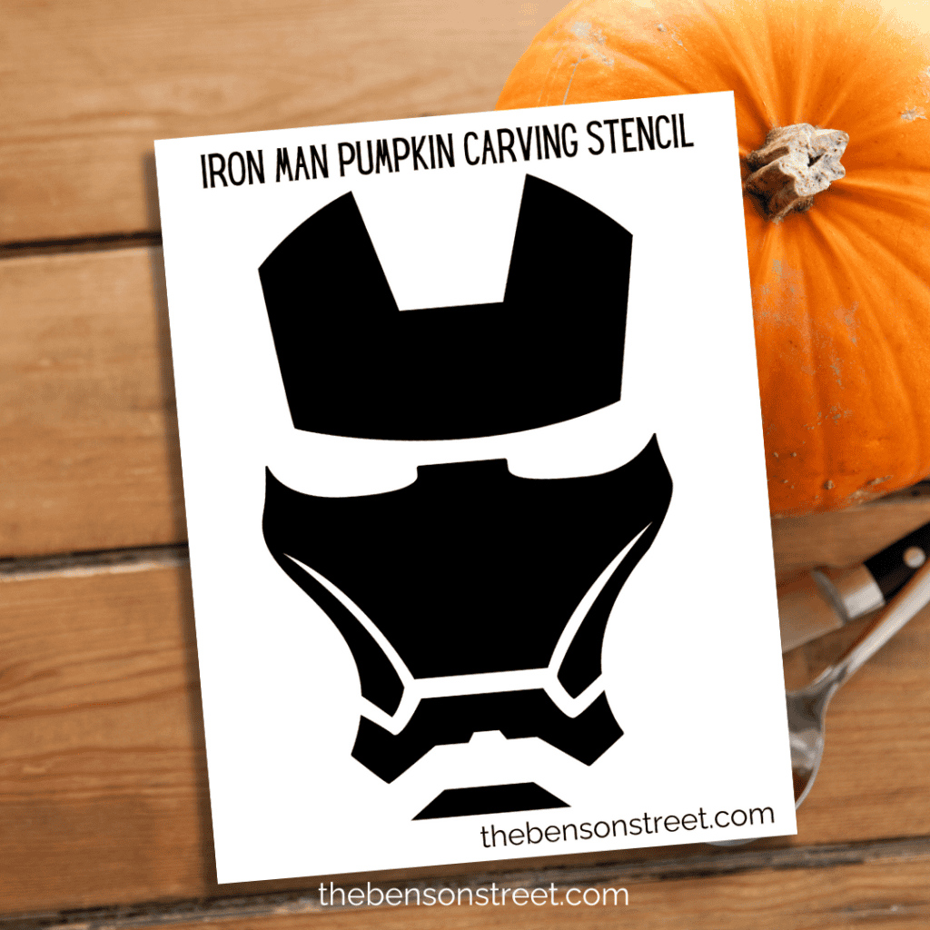 Close-up of an Iron Man pumpkin carving stencil printable, showcasing the detailed mask design.