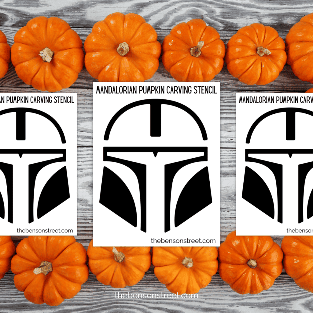Printable Mandalorian Helmet pumpkin carving stencil with labeled cut-out sections for easy use.