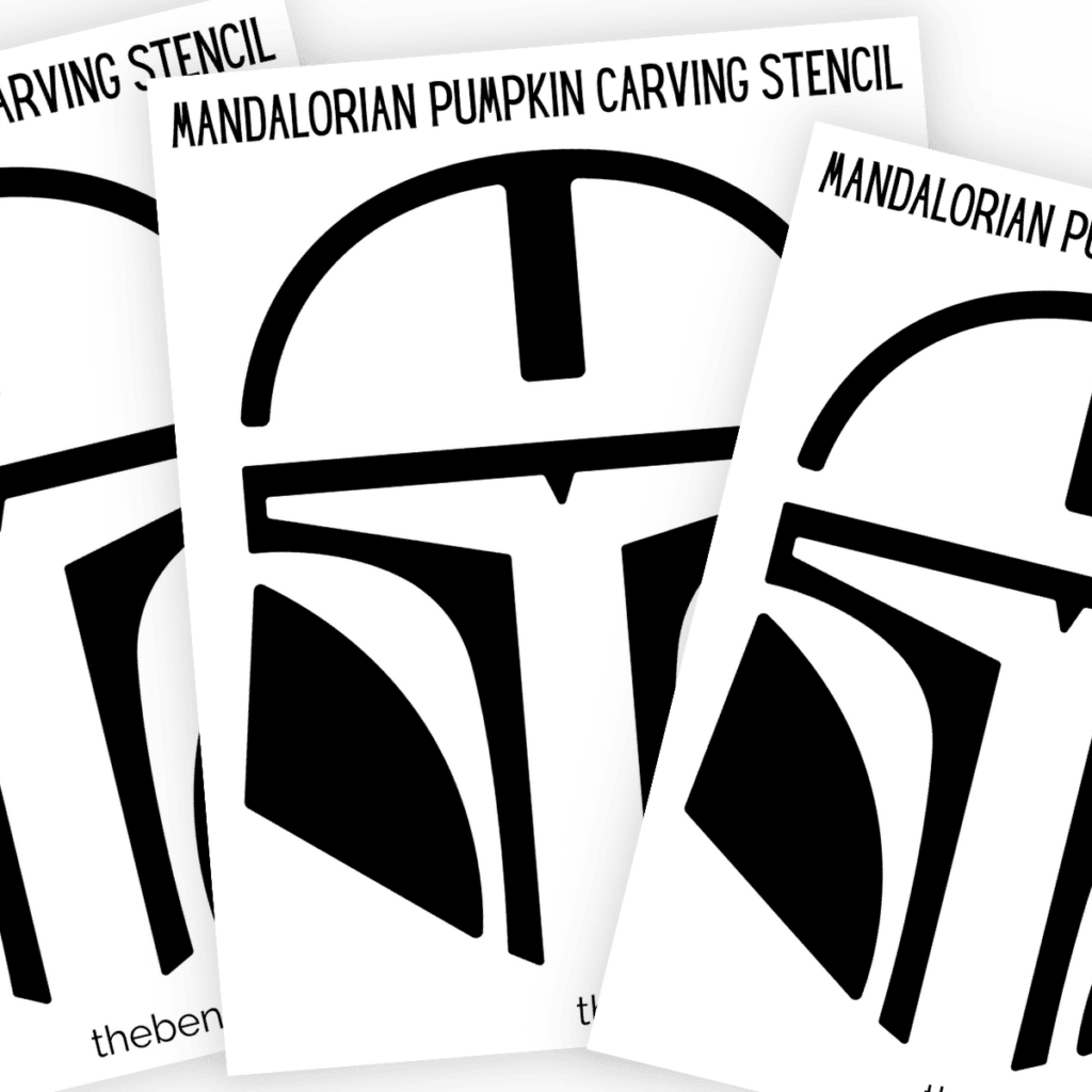 A full-page printable stencil of the Mandalorian Helmet, showing intricate details for precise pumpkin carving.