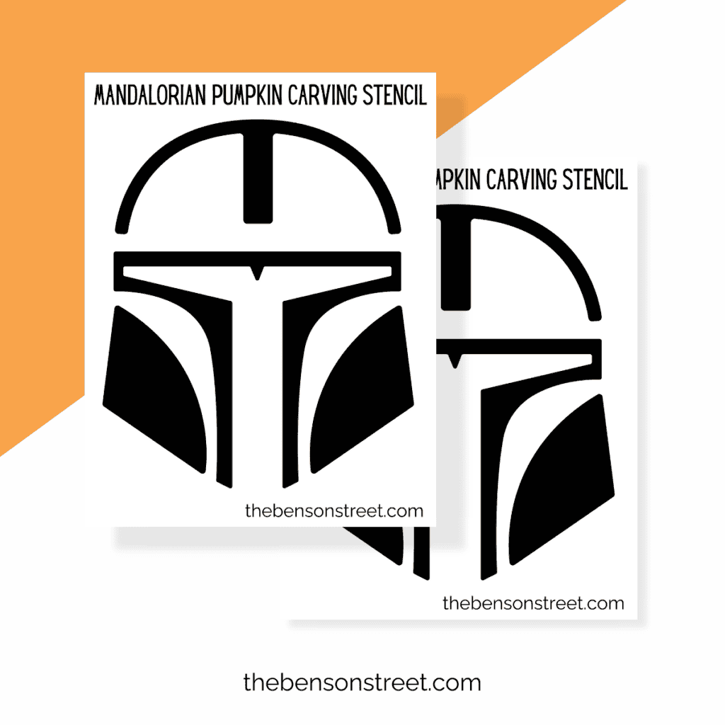 Finished printable Mandalorian Helmet pumpkin carving stencil displayed on a festive autumn background.