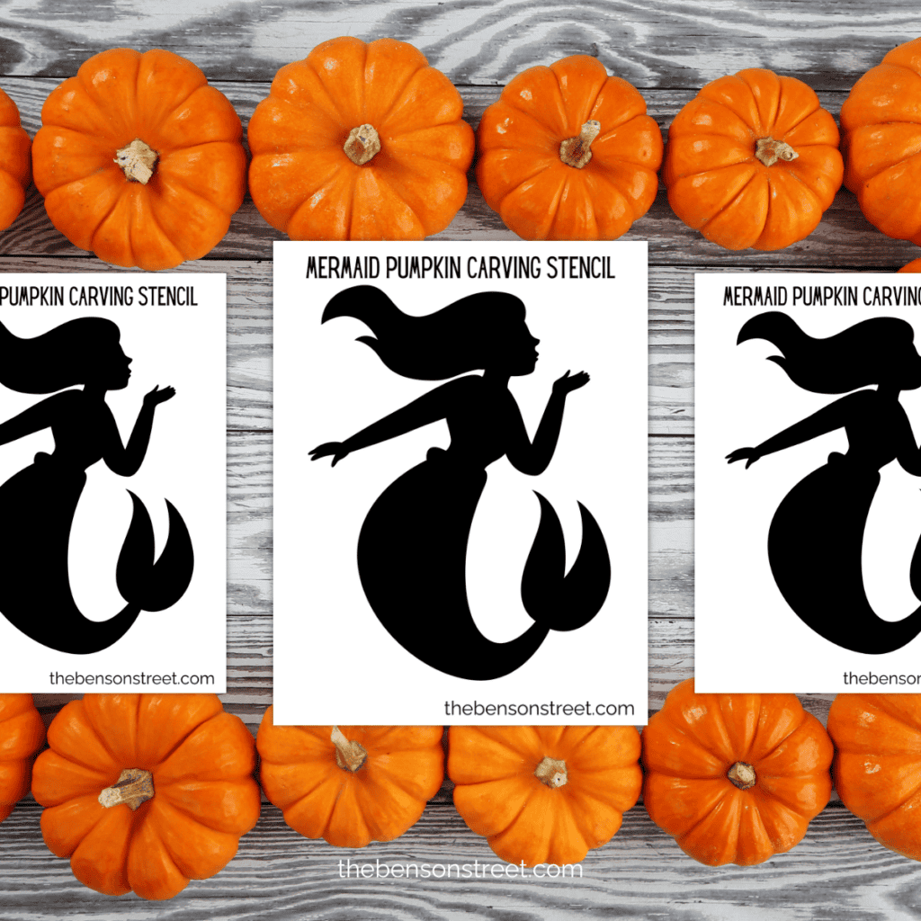 Stylized mermaid pumpkin stencil, focusing on the mermaid’s long hair cascading down her back and her flowing tail.