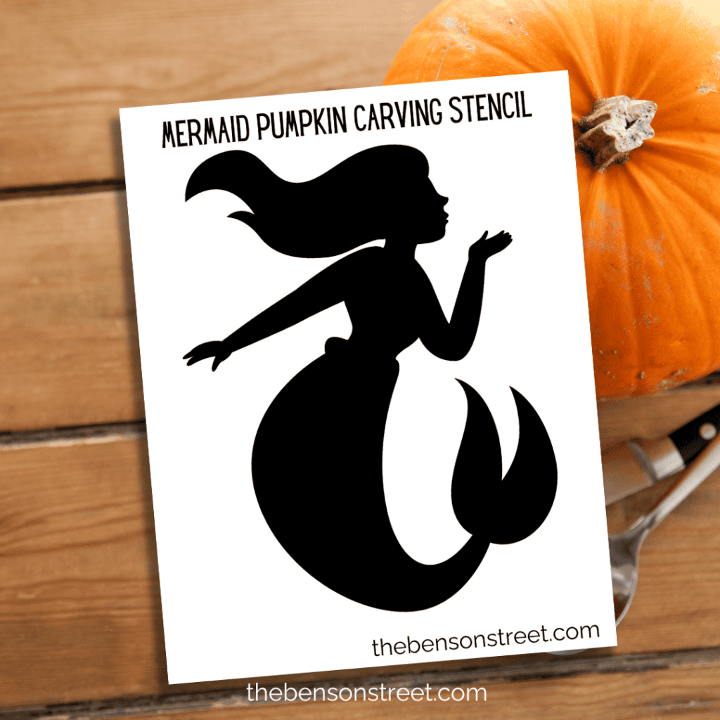 Enchanting mermaid pumpkin stencil with a serene mermaid sitting, tail curled elegantly, designed for detailed carving.