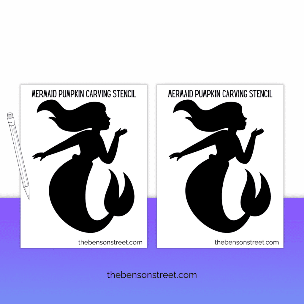 Simple mermaid silhouette stencil, ideal for carving, highlighting the mermaid's outline with a long, swishing tail.