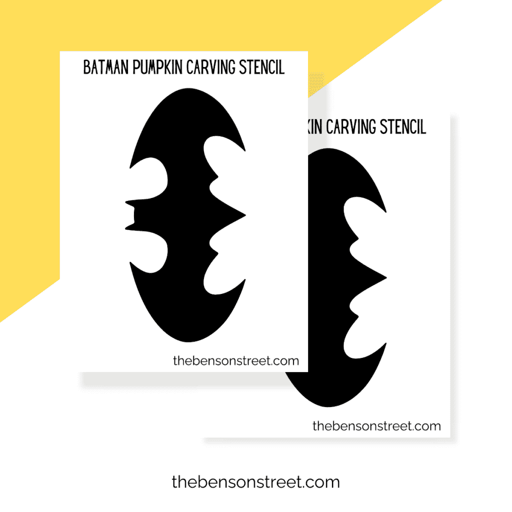 Image of a black-and-white Batman pumpkin stencil on a printable page, designed for carving the Batman symbol into a pumpkin.