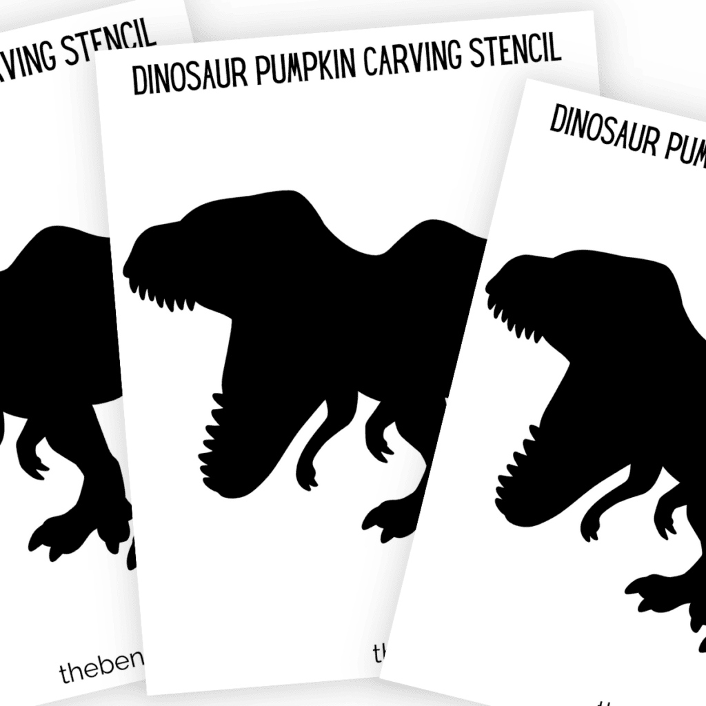 Printable stencil of a T-Rex dinosaur in a dynamic pose, showing the dinosaur in motion with its mouth open wide.