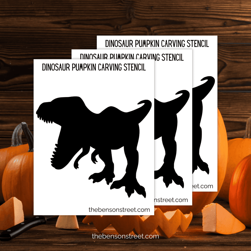Simple T-Rex pumpkin stencil with bold outlines, focusing on the dinosaur’s large head and ferocious expression.