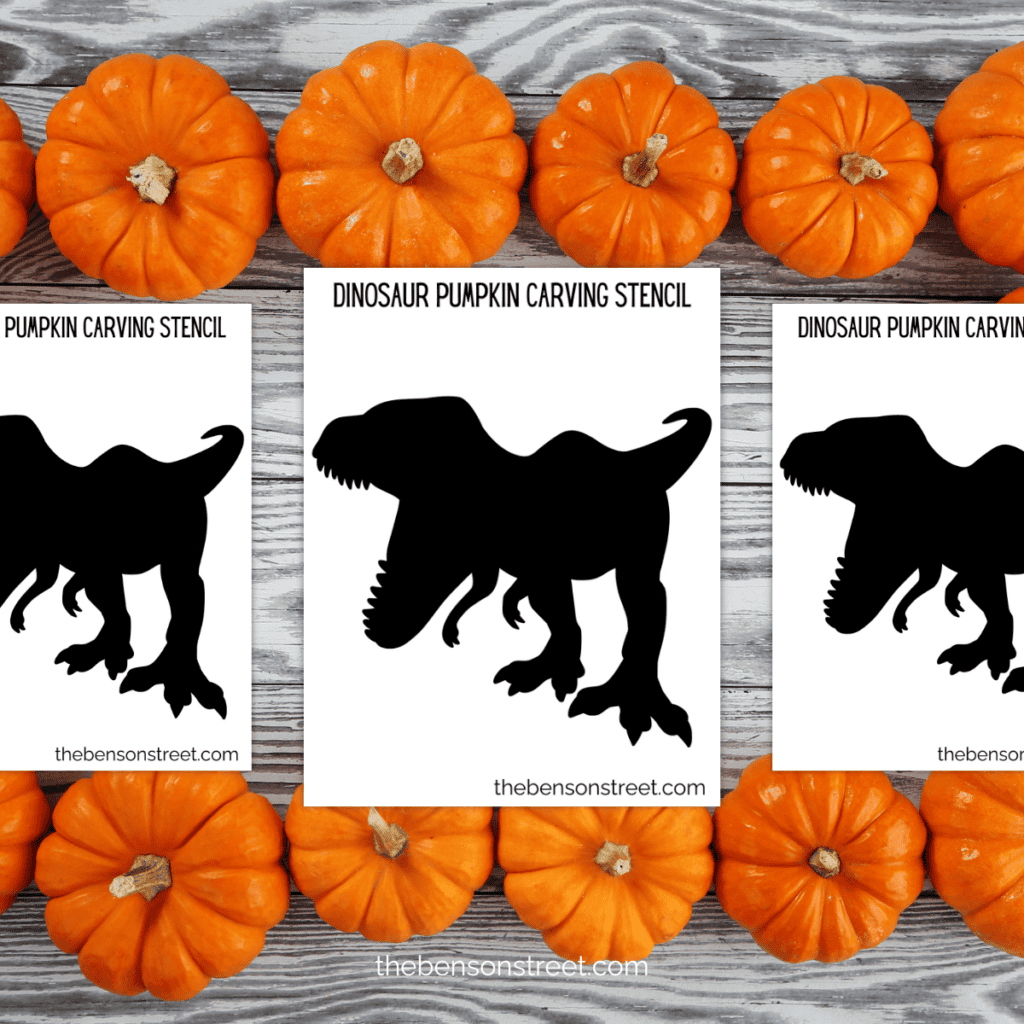 Detailed T-Rex dinosaur pumpkin stencil with intricate lines showing the dinosaur’s powerful jaws and tiny arms.