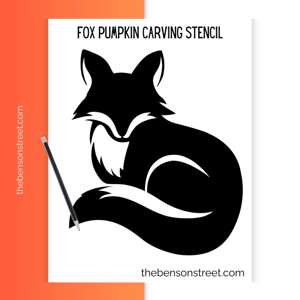 Detailed fox pumpkin stencil with intricate fur patterns and a bushy tail, ready for carving onto a pumpkin.