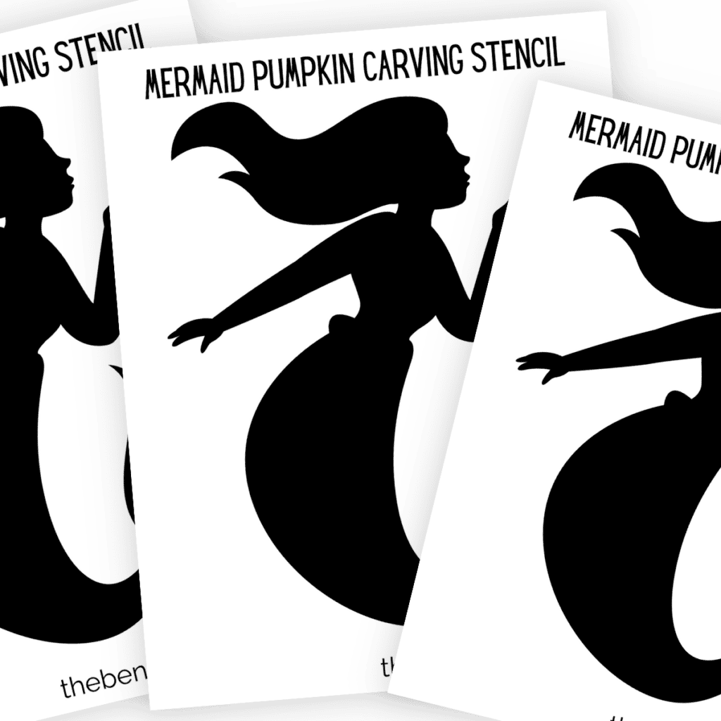 Minimalist mermaid pumpkin stencil with bold outlines, emphasizing the mermaid’s profile and flowing hair.