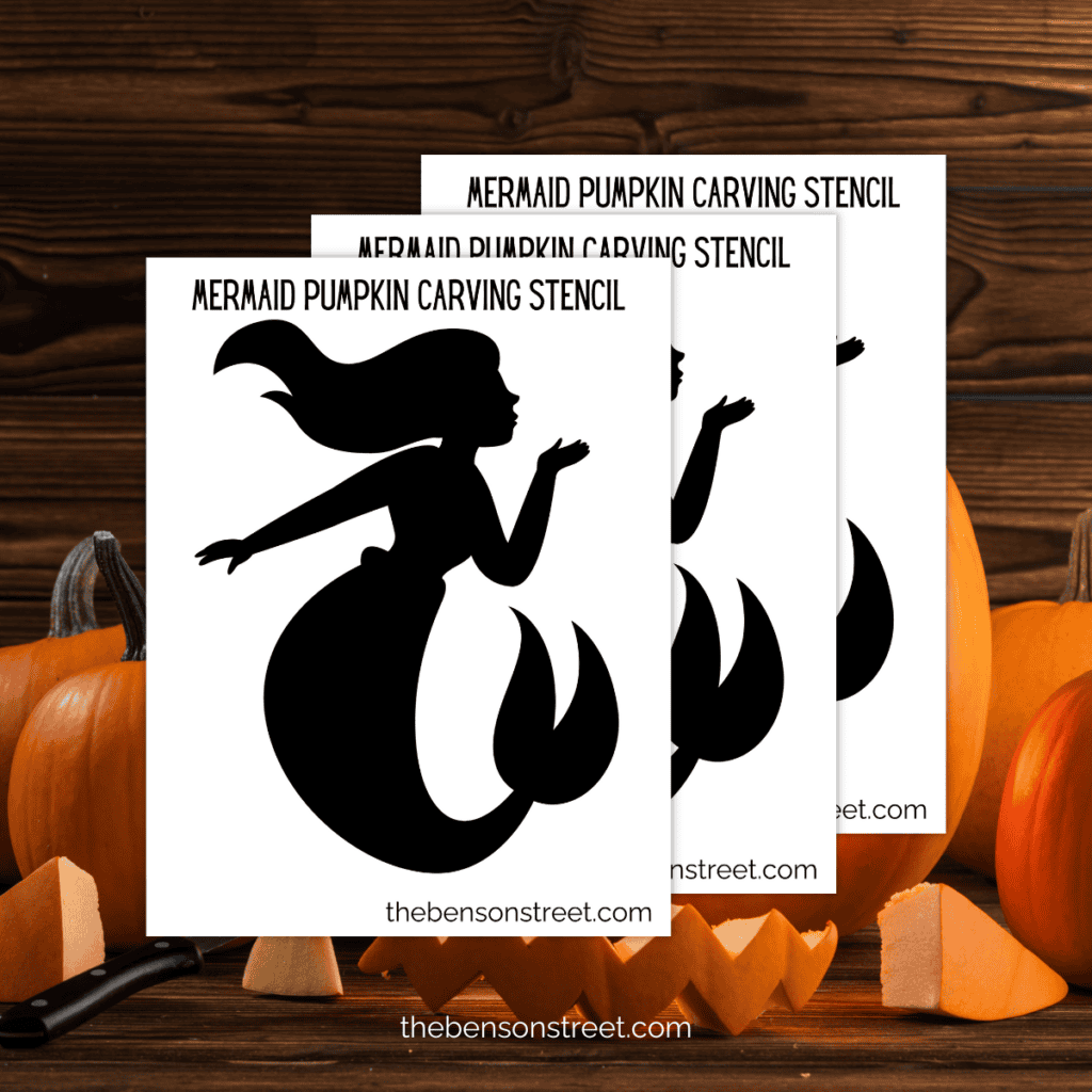 Detailed mermaid pumpkin stencil showing a mermaid swimming with an elegant, arched back and intricate details in the hair and tail.
