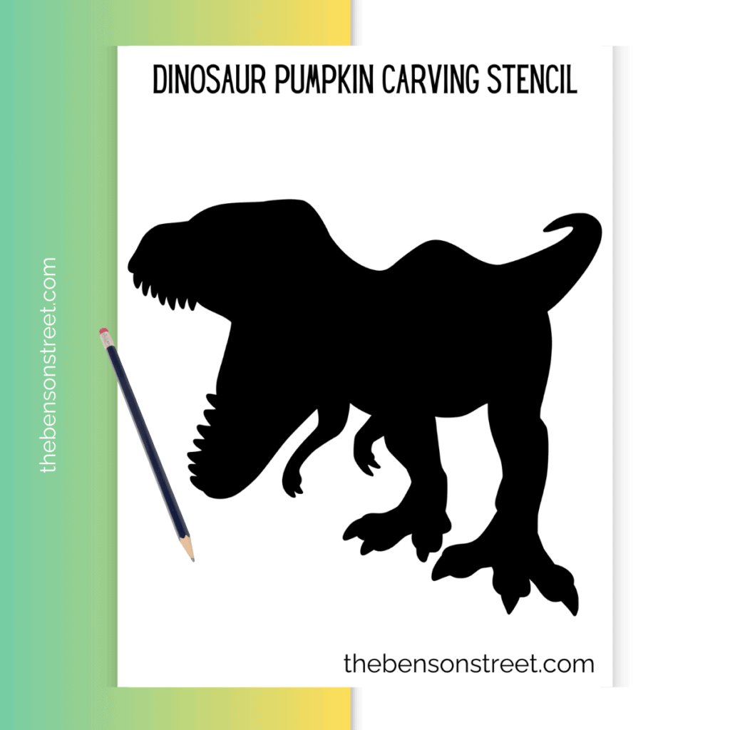 Roaring T-Rex pumpkin stencil, capturing the dinosaur mid-roar with an open mouth and sharp teeth.