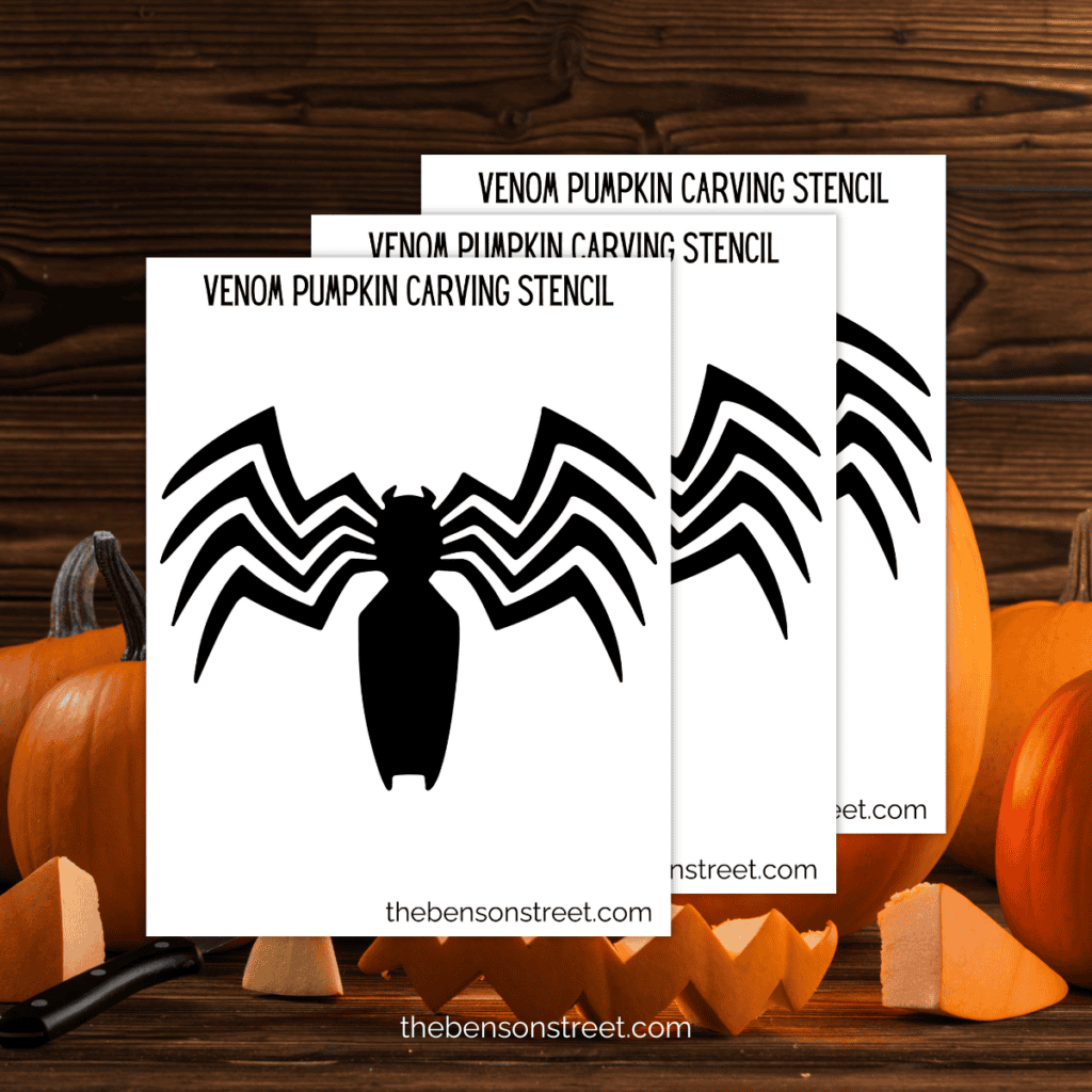 A Venom pumpkin stencil template displayed on white paper, ready to be used for a Halloween pumpkin carving project.
