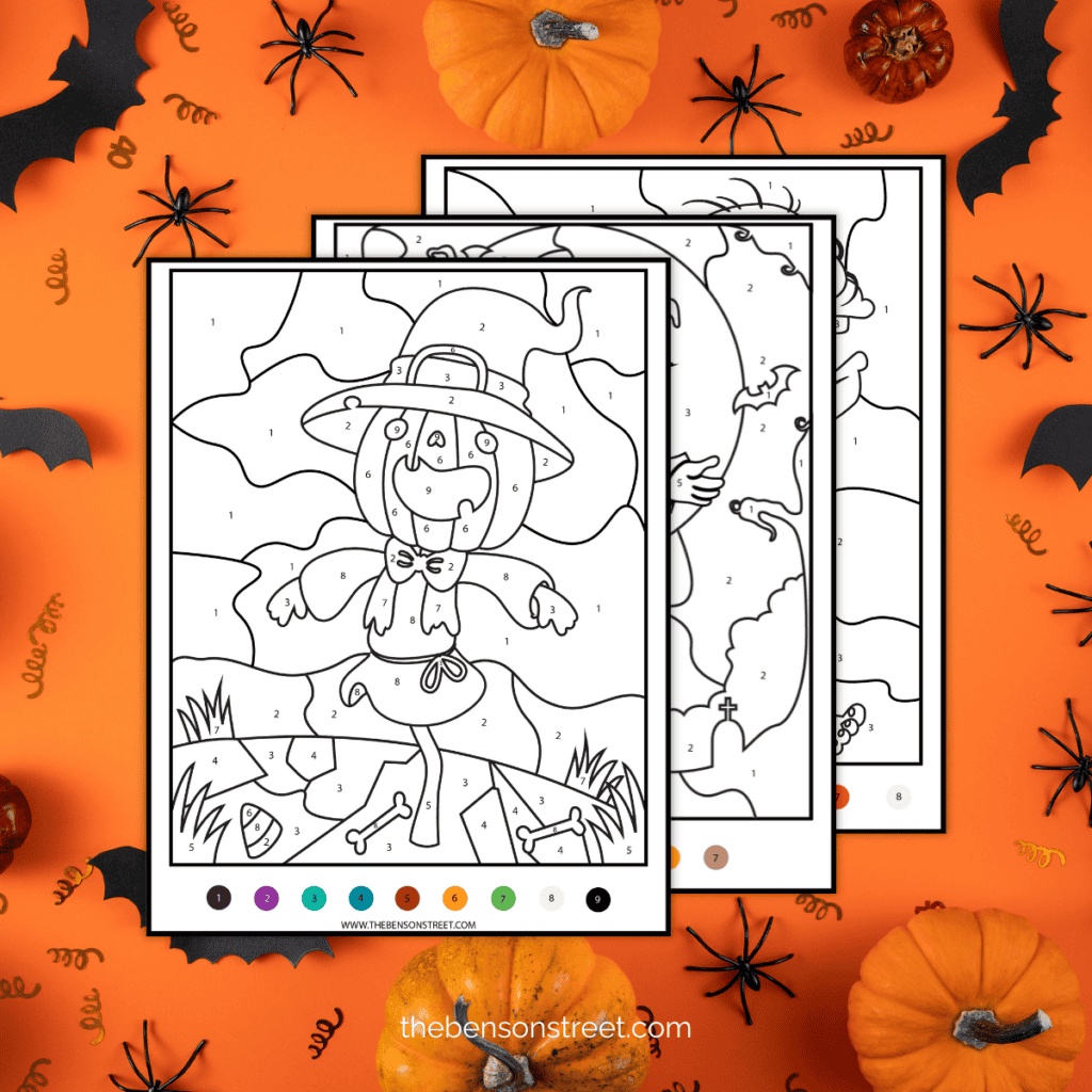 Halloween color by number worksheet featuring a spooky haunted house with numbered sections for coloring.