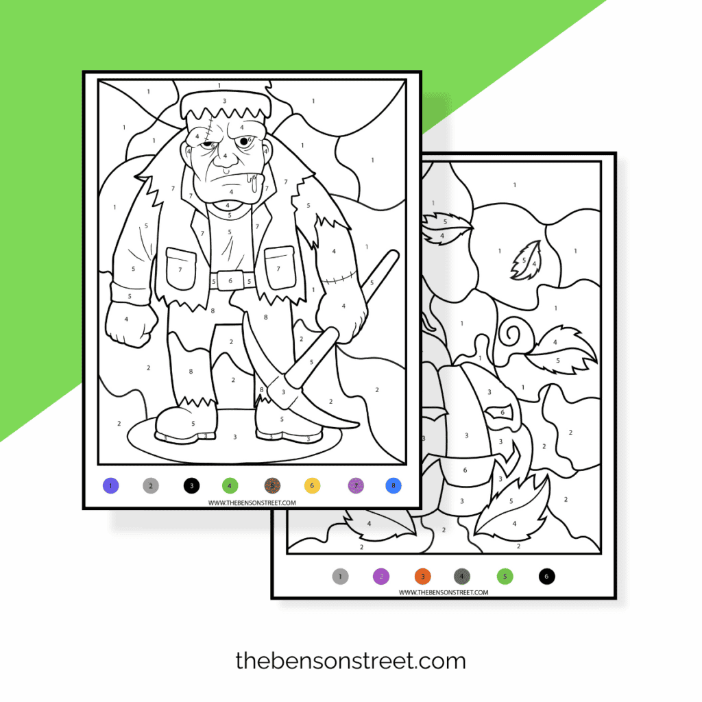 Printable Halloween color by number worksheet of a smiling pumpkin, with color keys matching each numbered section.