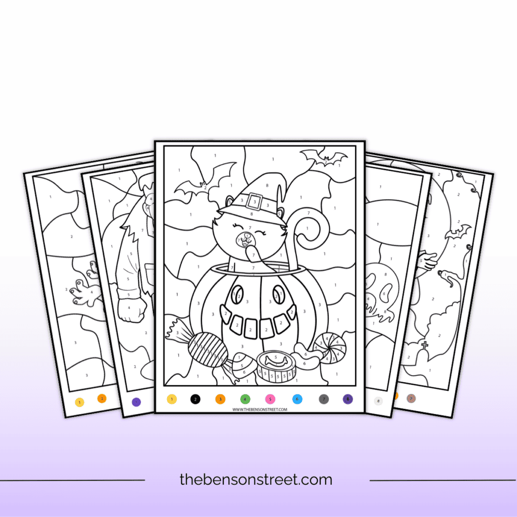 Cute black cat sitting on a jack-o'-lantern in this printable Halloween color by number worksheet.