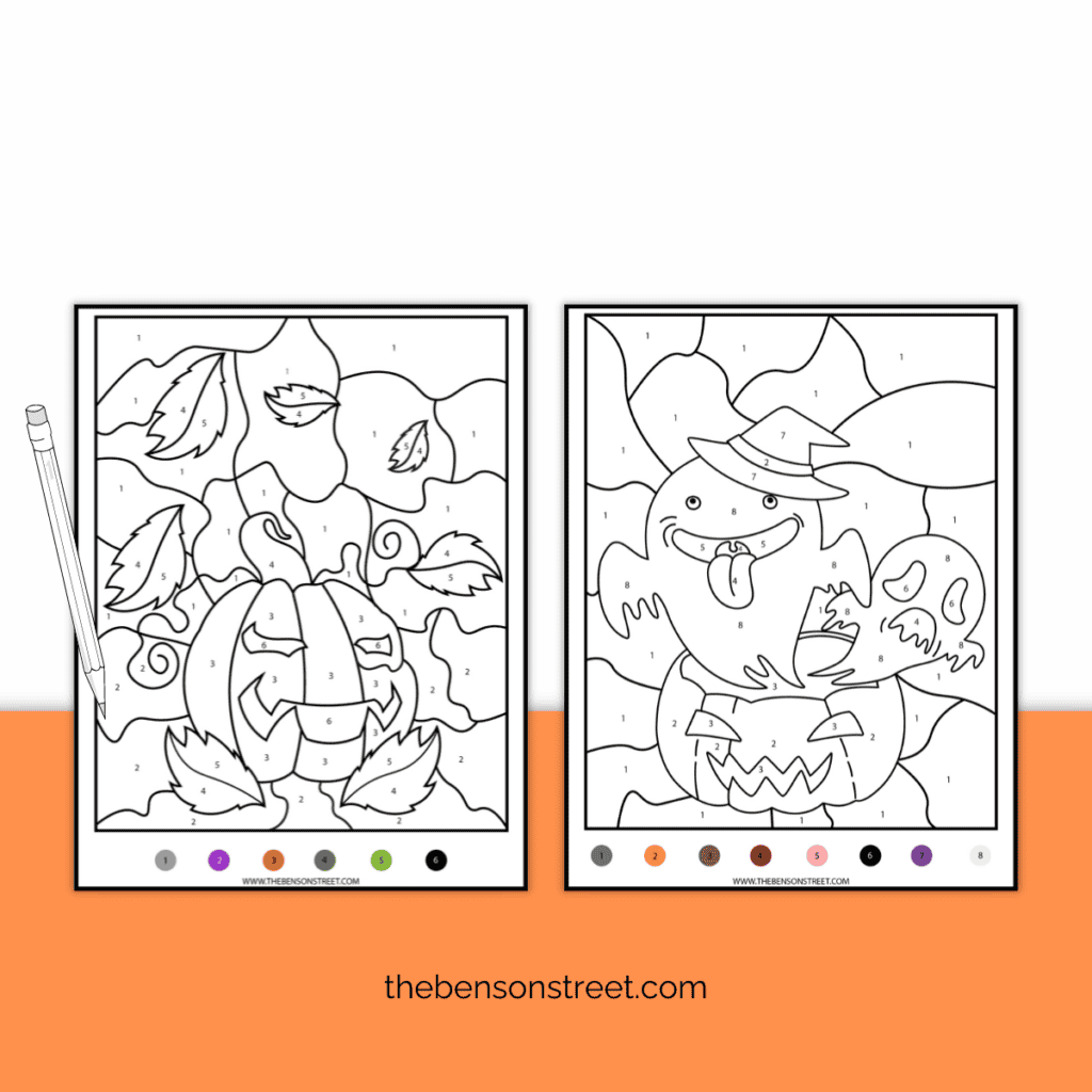 Color by number Halloween worksheet featuring pumpkins, numbered for different colors.