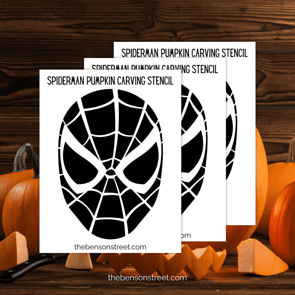 Three copies in a stack of free printable spiderman pumpkin carving stencils.