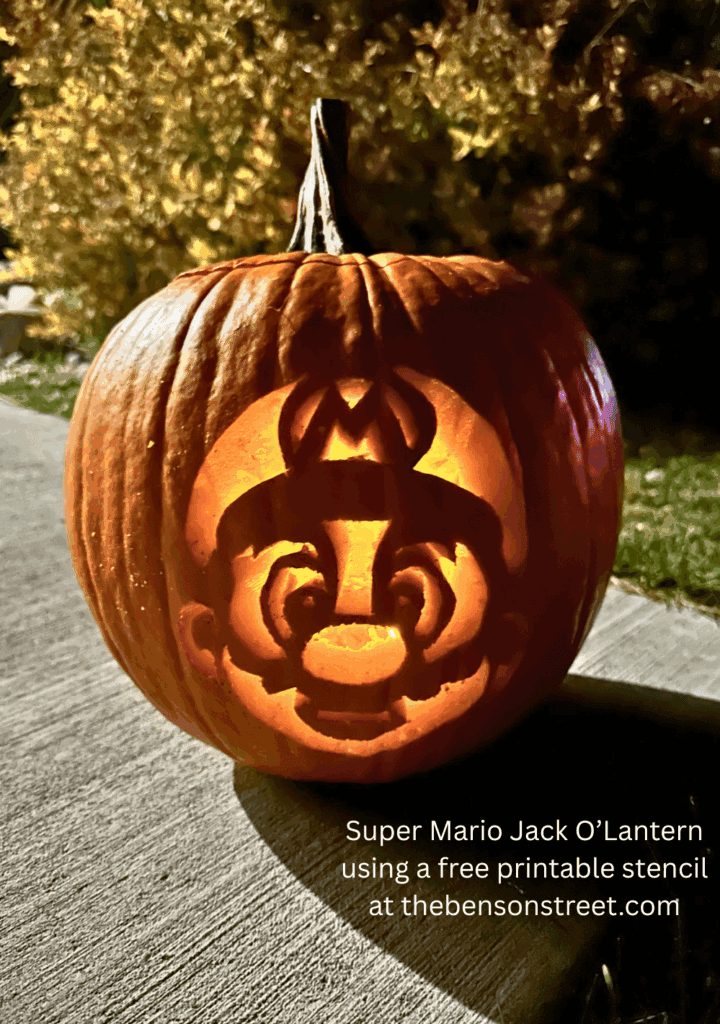 Super Mario Jack O’Lantern using a free printable stencil