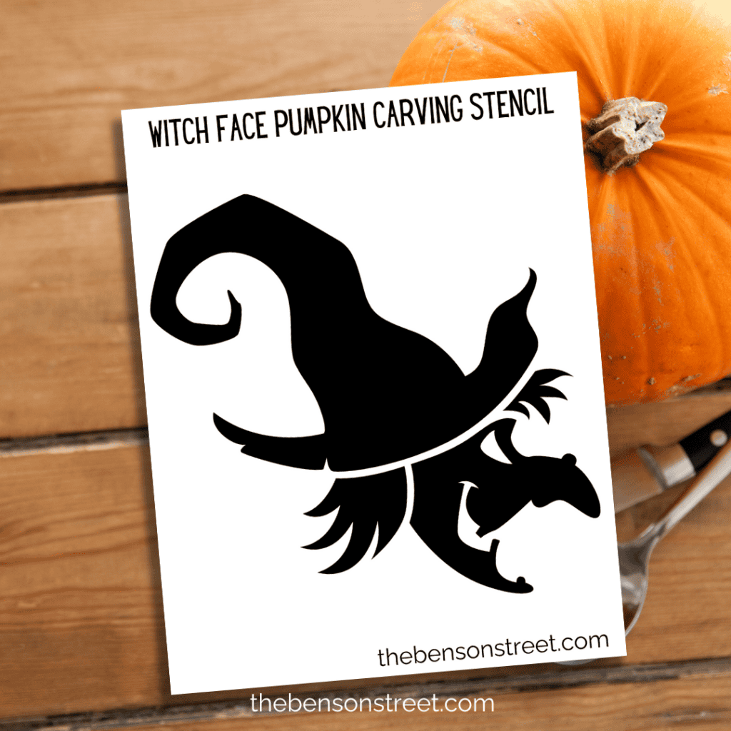 Silhouette of a witch's face with a large brimmed hat, captured in a printable stencil format for pumpkin carving enthusiasts.