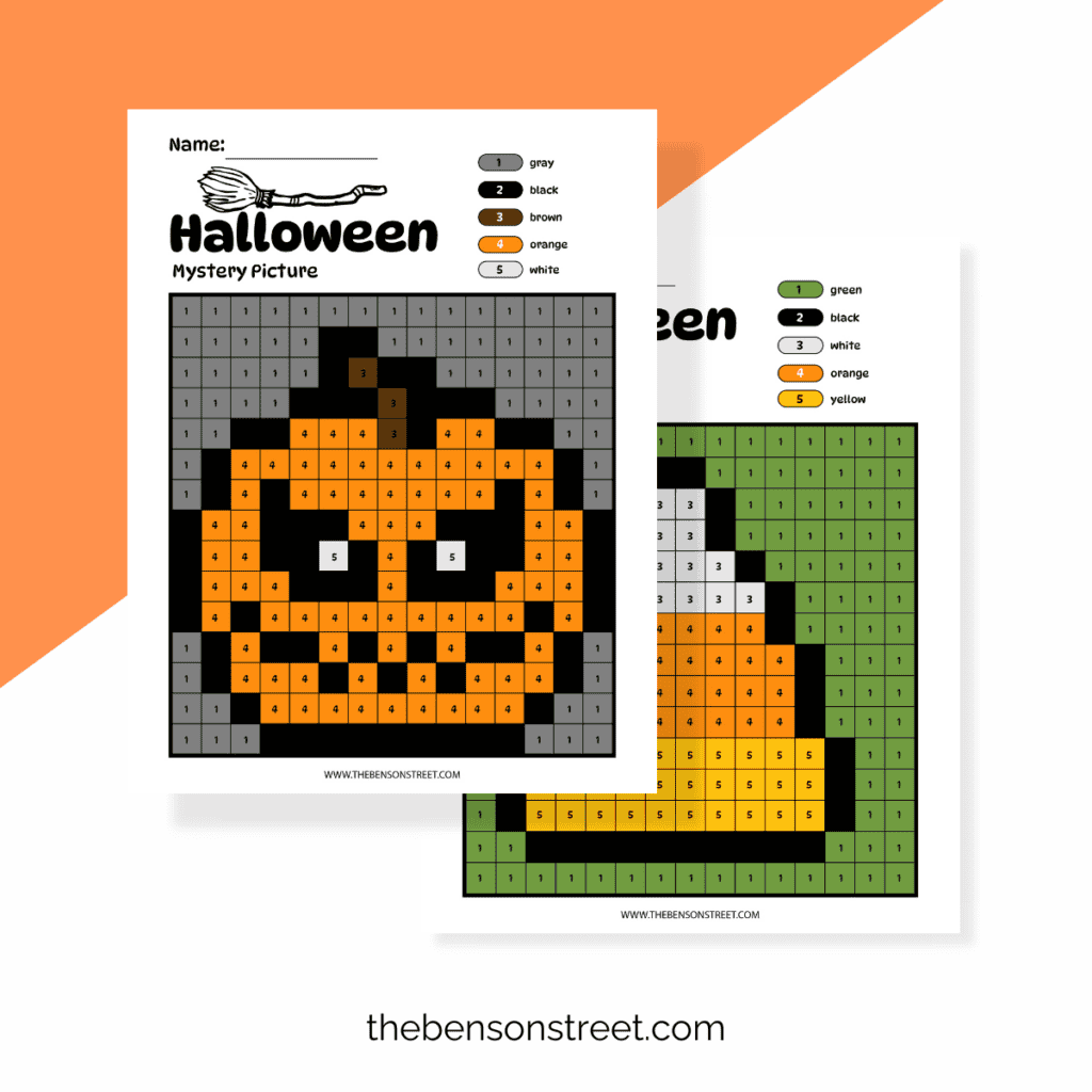 Two colored in mystery picture pages featuring a jack o'lantern and piece of candy corn.