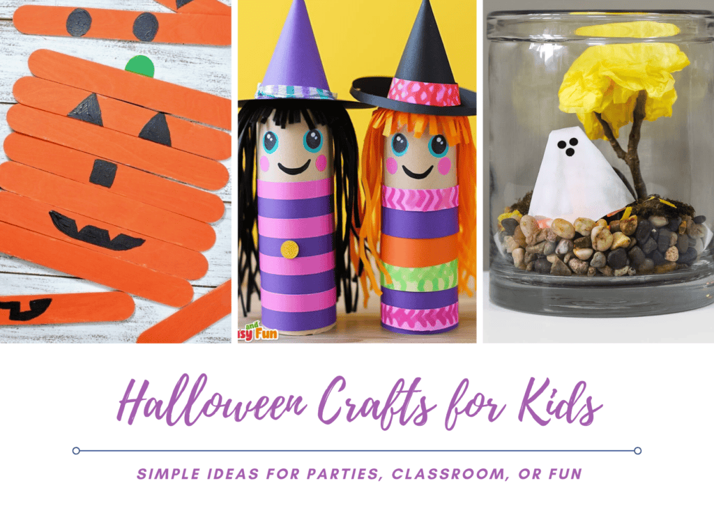 Three different Halloween crafts for kids. A pumpkin popsicle craft, a witch craft, and a ghost jar craft.