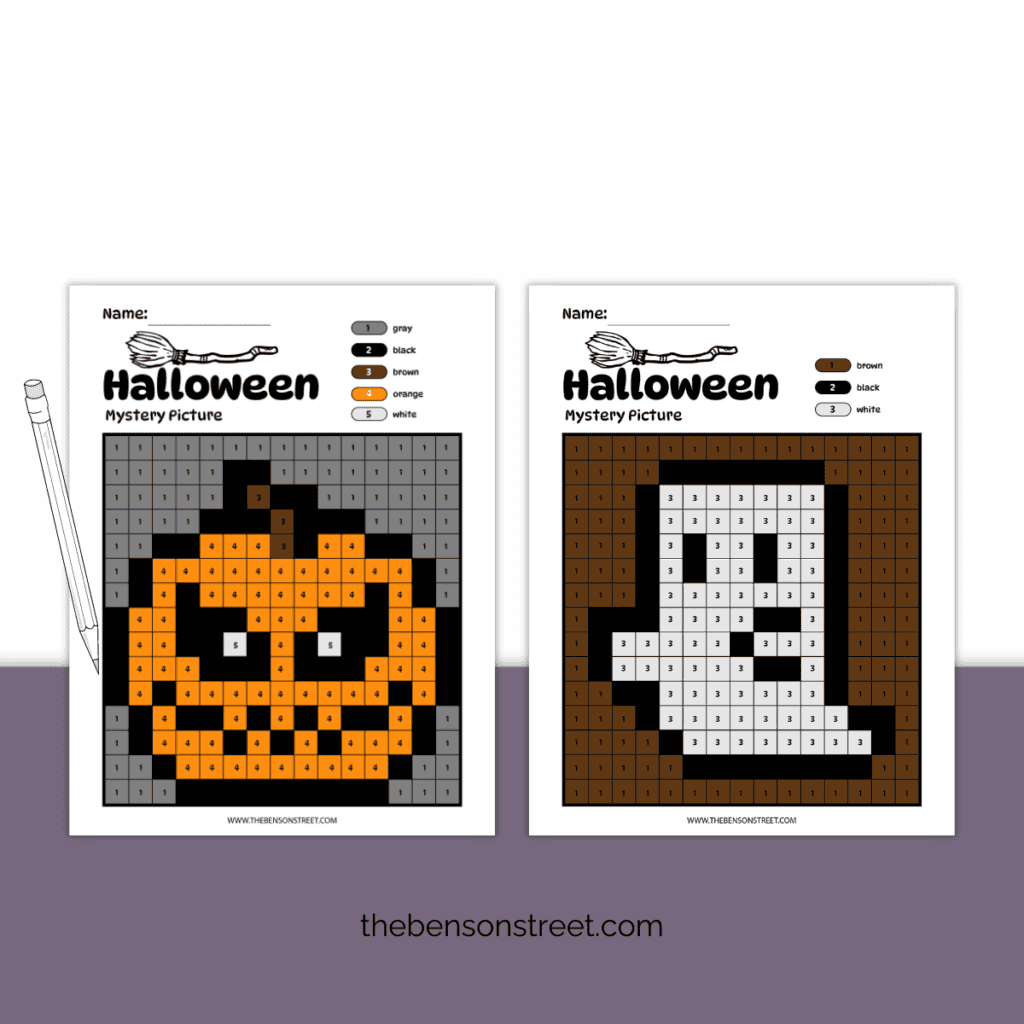Two free printable Halloween mystery pictures colored in grids showing a pumpkin and a ghost.