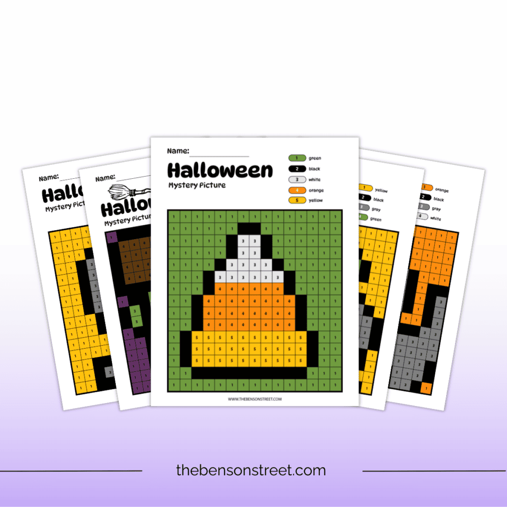 Stack of five colored in Halloween Mystery Picture Grids. The top one featuring a pixelated candy corn image.