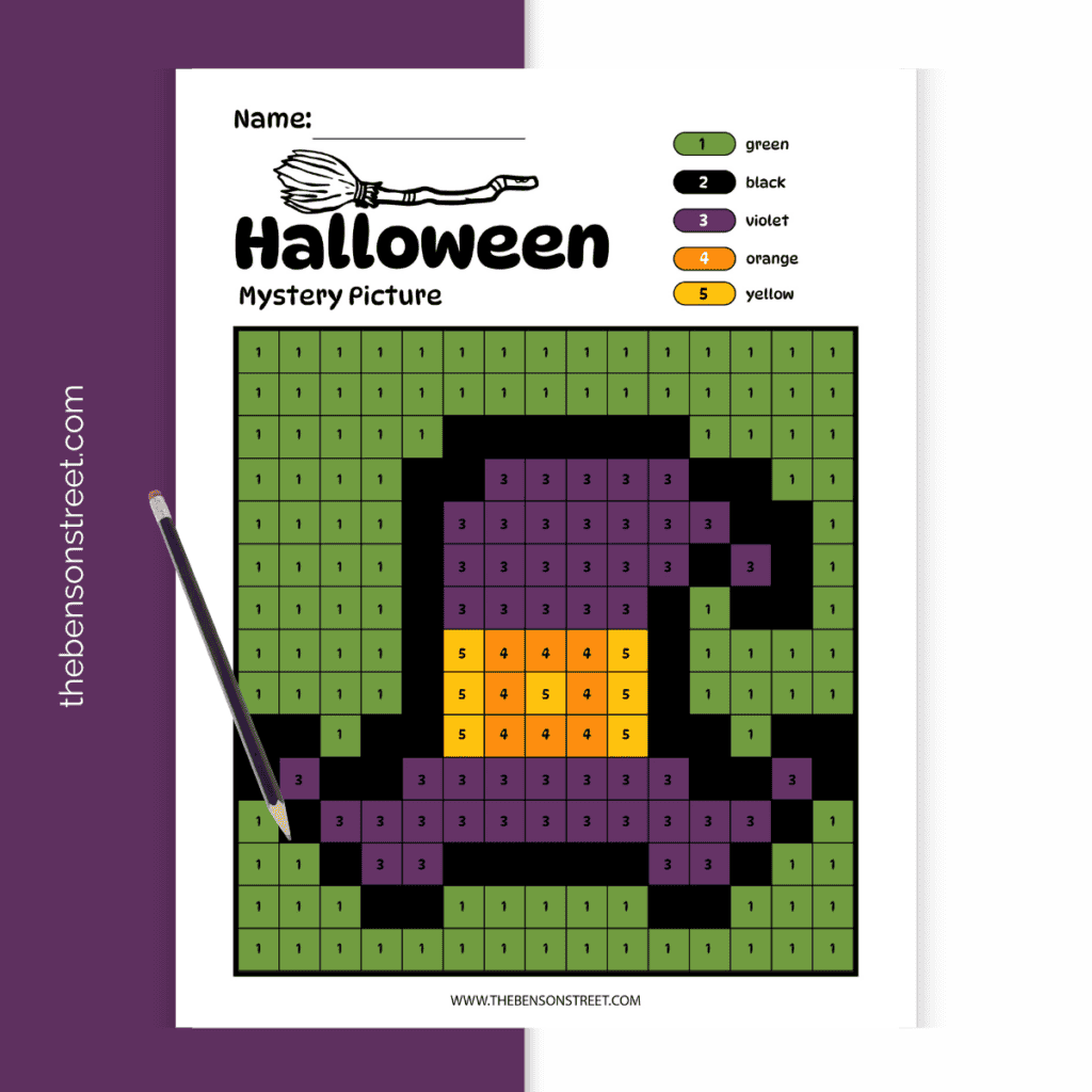 A picture of a colored in Halloween mystery picture featuring a witch hat.