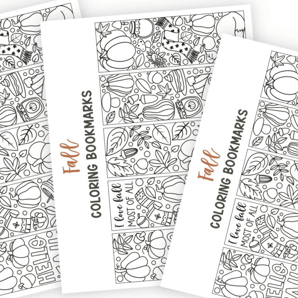 Three pages of fall coloring bookmarks laying fanned out.