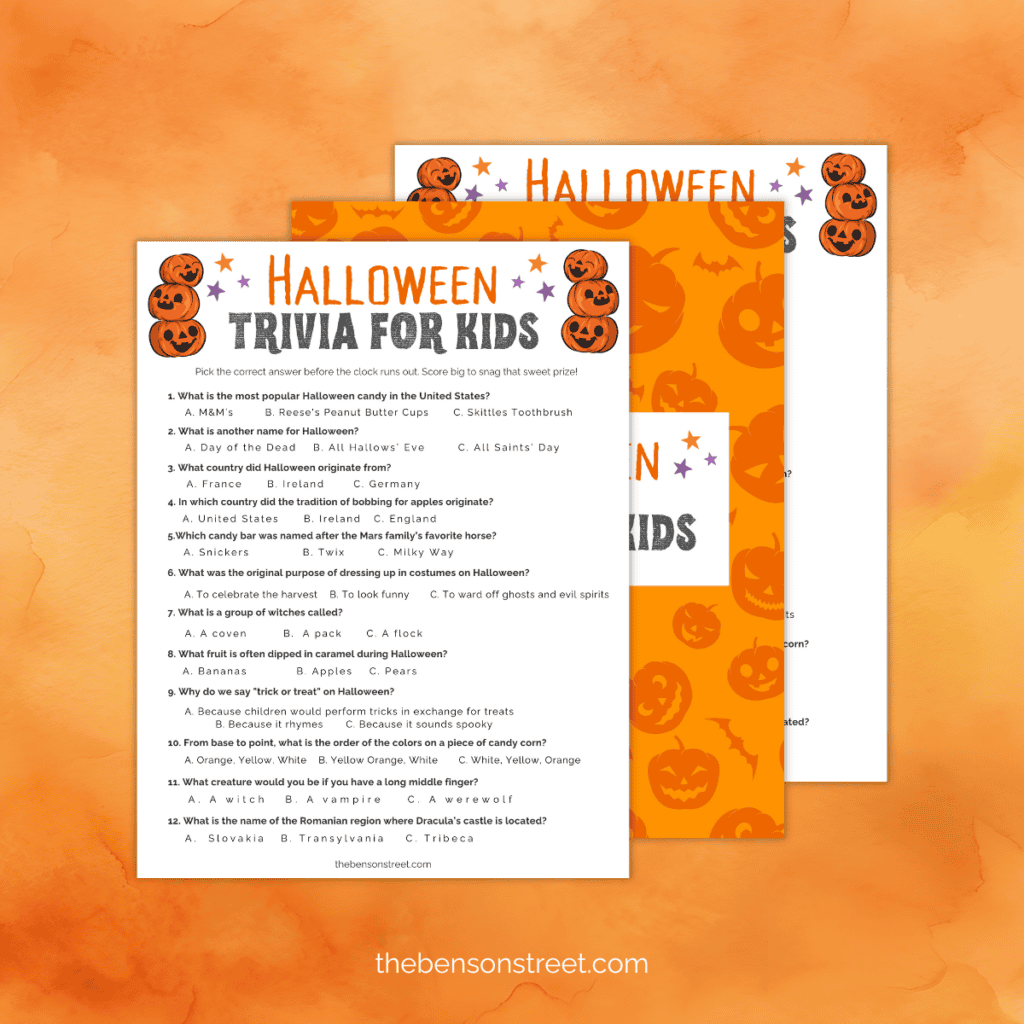 Fun Halloween-themed trivia printable with easy questions for kids, accompanied by images of cute Jack O'lanterns.
