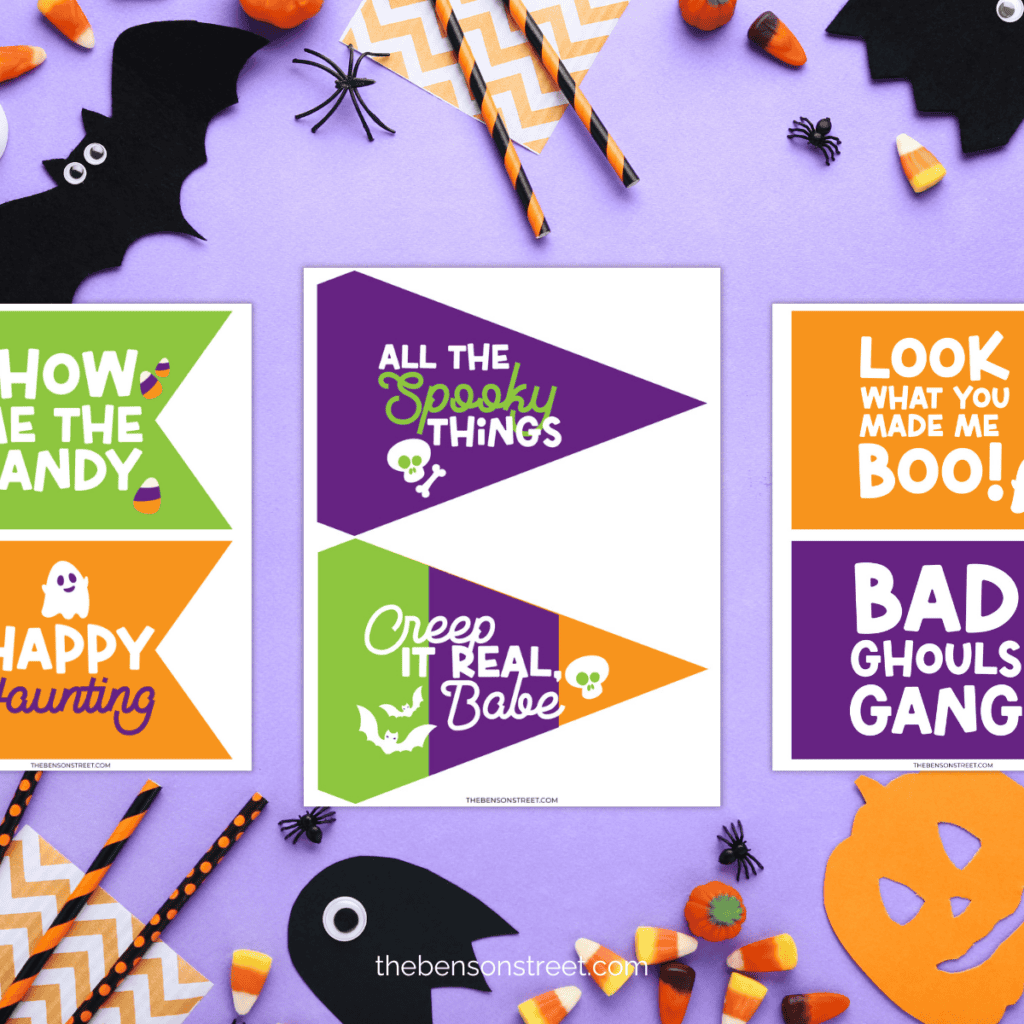 Three sheets of Printable Halloween Party Flags on a purple background with halloween items .