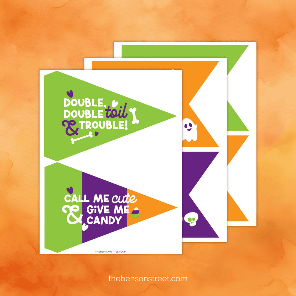 Three pages of Printable Halloween Flags and Pendants on an orange background.
