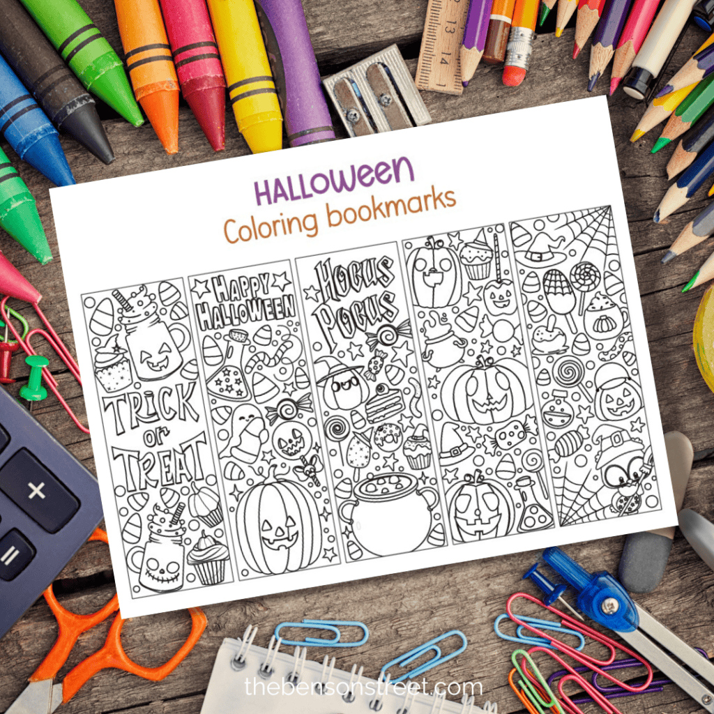 A sheet of uncolored Halloween bookmarks featuring fun, spooky images like a grinning jack-o-lantern, a witch and broom, and a ghost.