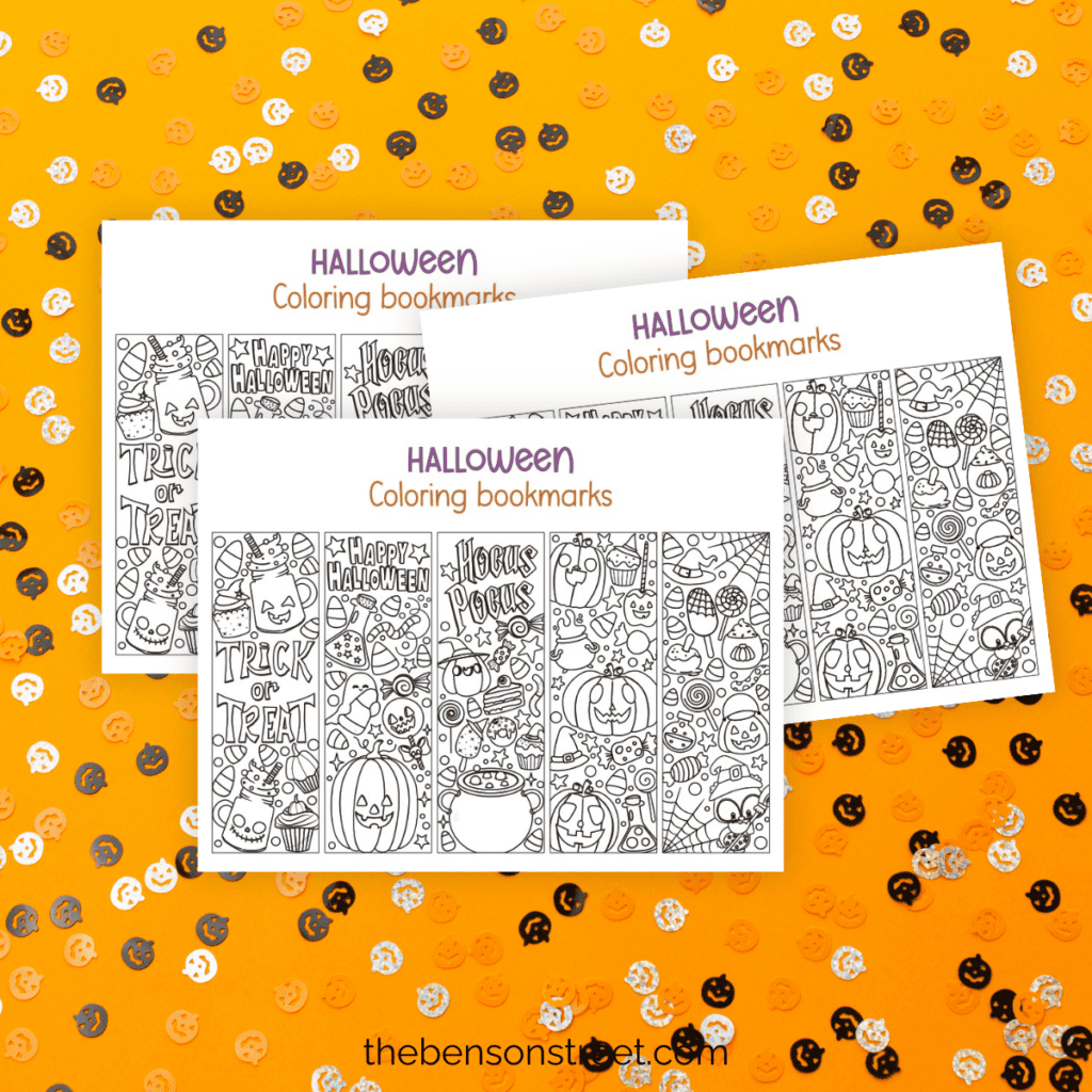 Uncolored Halloween bookmarks featuring classic Halloween motifs like a treats, jack-o-lantern, and cauldron, perfect for kids to color.