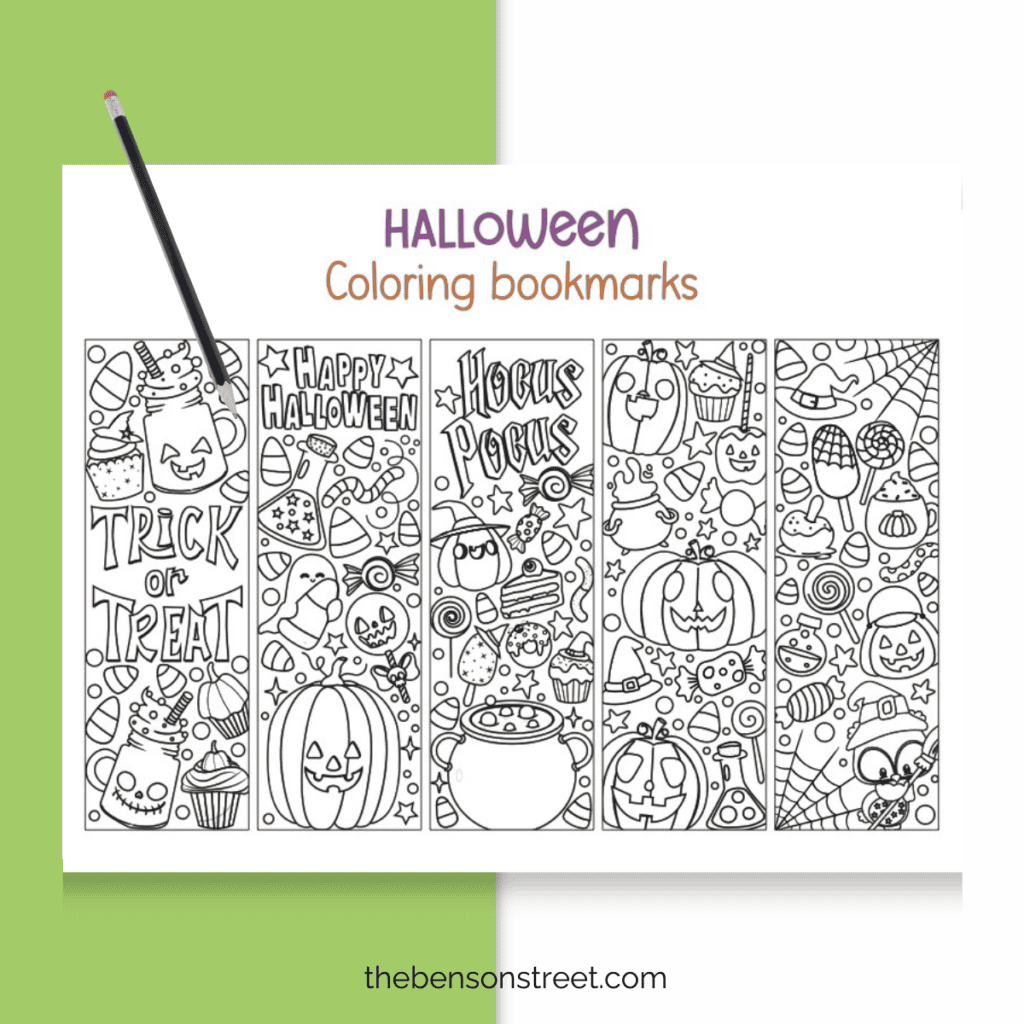 A printable sheet of five black and white Halloween bookmarks, including designs of a ghost, witch’s hat, bat, and spider web.