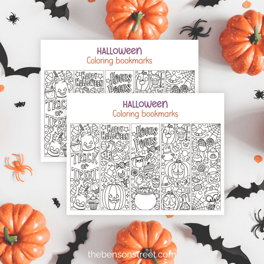 Five black and white Halloween bookmarks ready for coloring, featuring playful designs of pumpkins, bats, and witches.