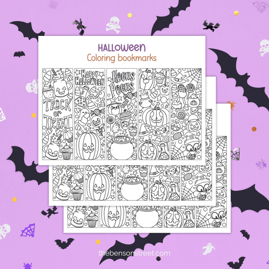 A sheet of five black and white Halloween bookmarks featuring designs like pumpkins, ghosts, candy, and witches, ready to be colored in.