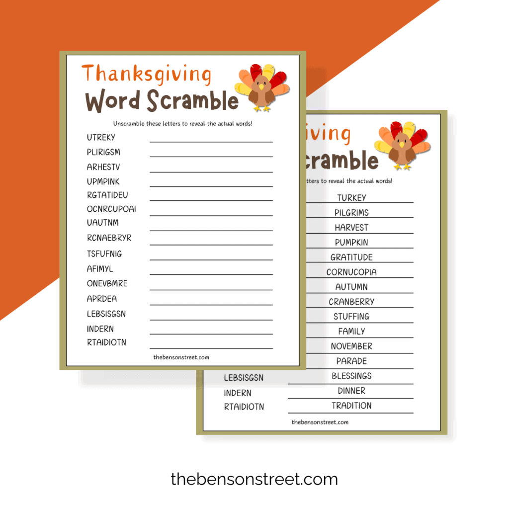 Thanksgiving word scramble printable with answer key.