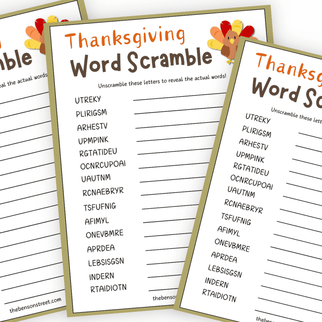 Fanned stack of three printable thanksgiving word scramble puzzles.