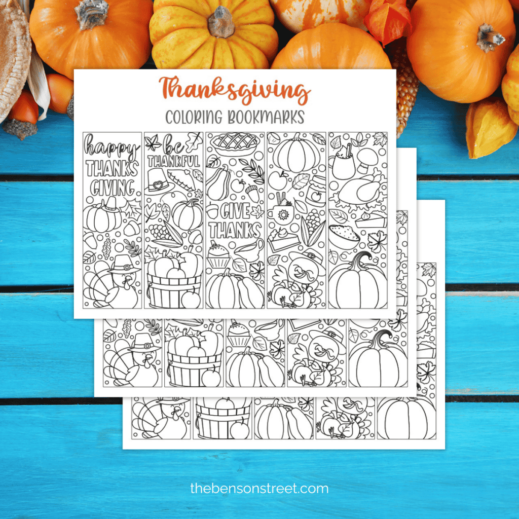 Three pages of thanksgiving bookmarks printable in black and white to color in on a blue background with pumpkins.