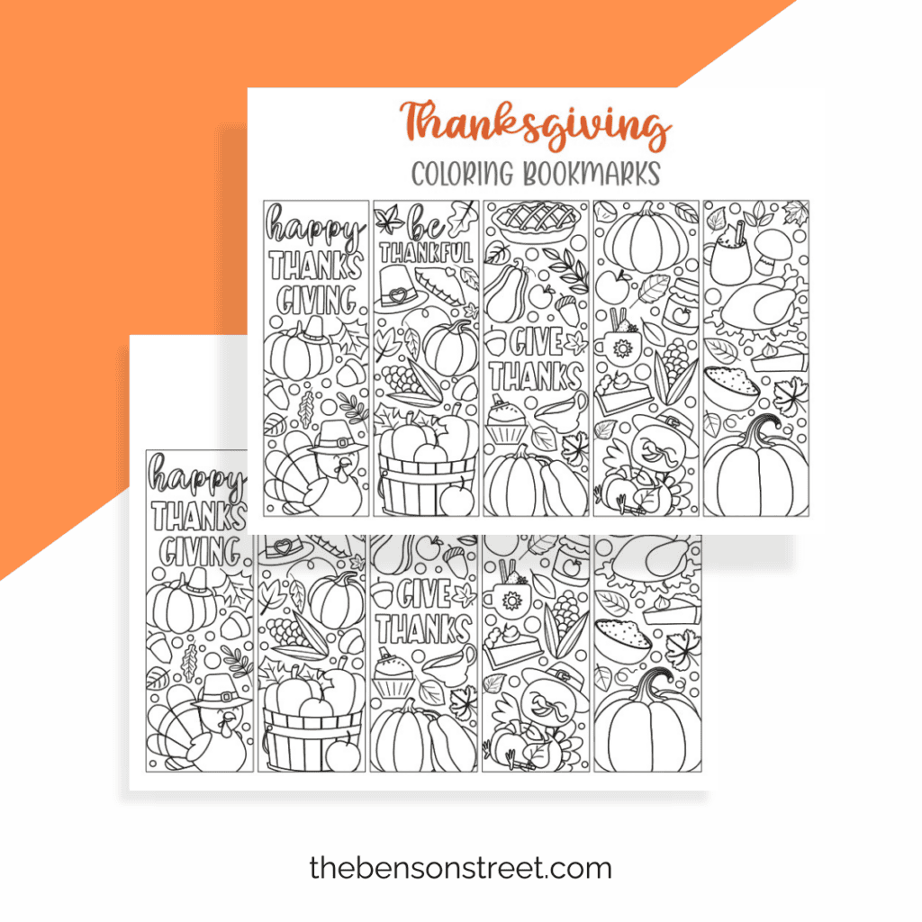 Two sheets of black and white thanksgiving bookmarks to color in.