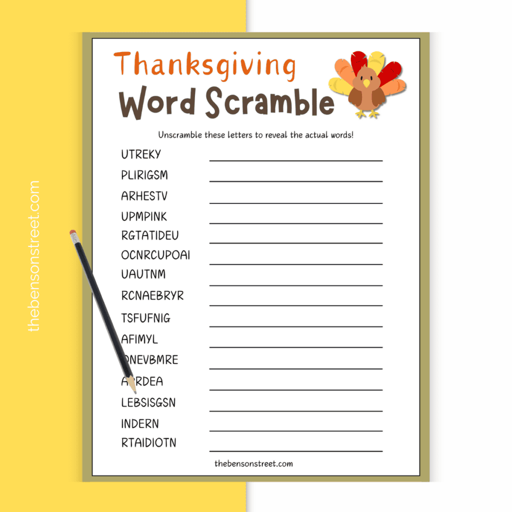 A thanksgiving word scramble ready to be solved with a pencil laying on top.