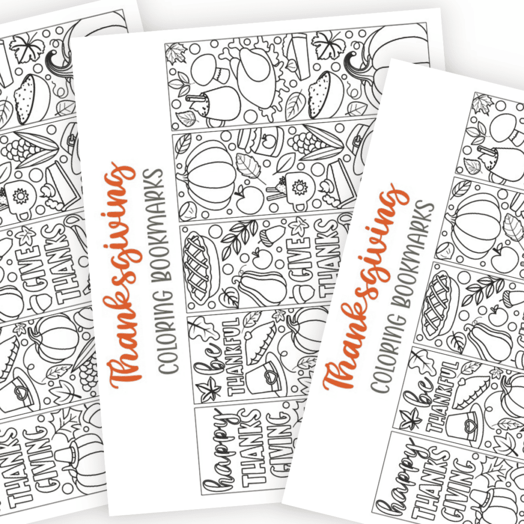 Fanned stack of three pages of thanksgiving bookmarks printables in black and white.