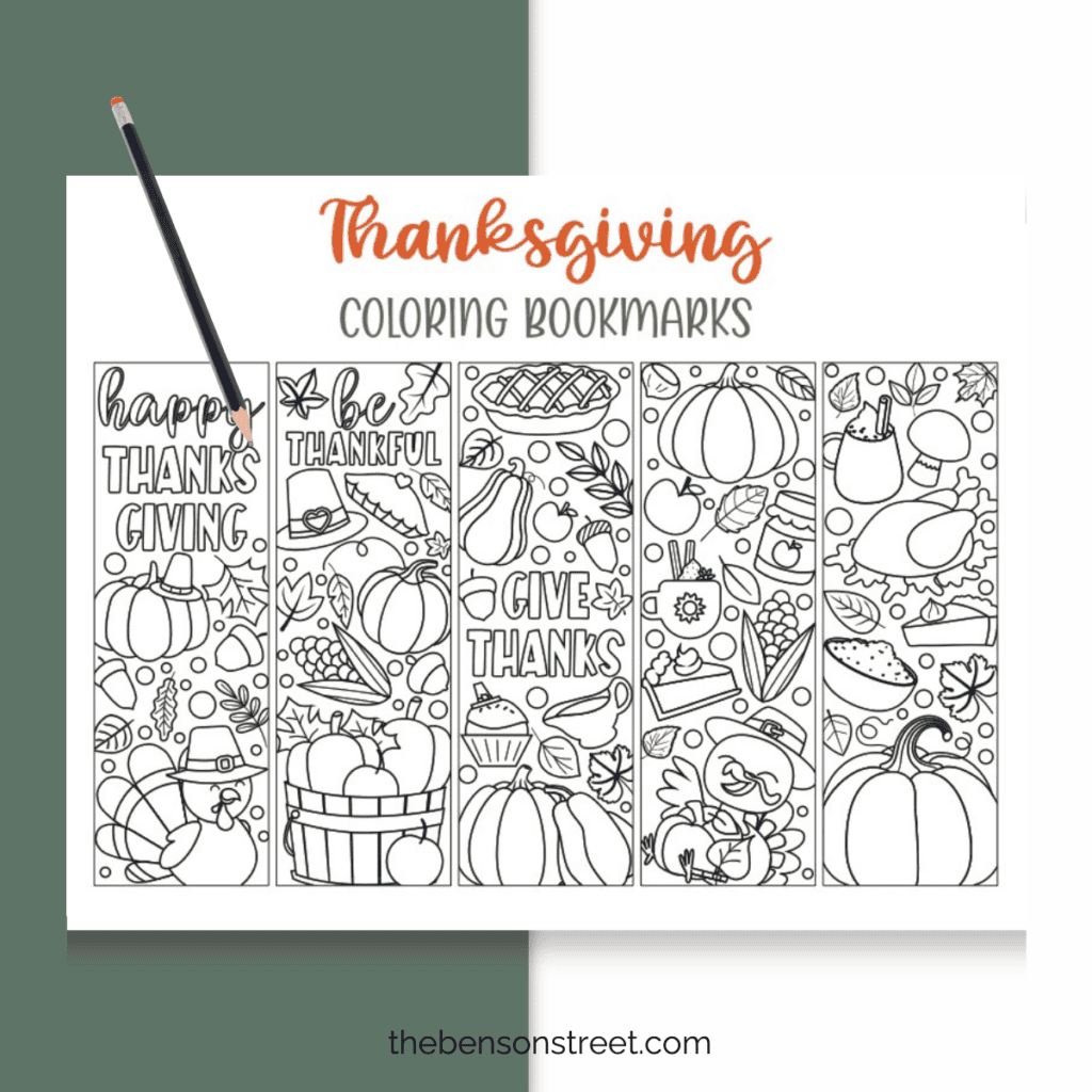 Page of thanksgivign coloring bookmarks with a pencil on top. Features thanskgiving related black and white images to color.